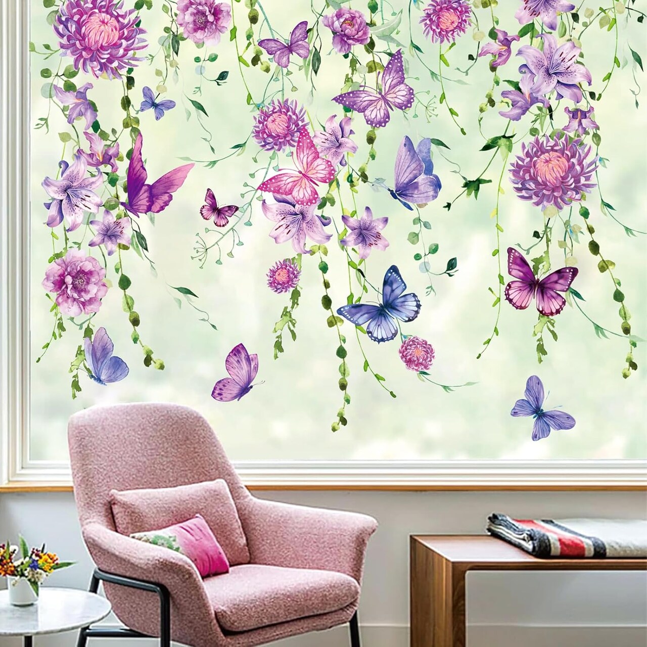 6 Sheet Purple Flower Window Clings Spring Floral Butterfly Hanging Vine Reusable Window Decals for Home School Office Seasonal Party Supplies